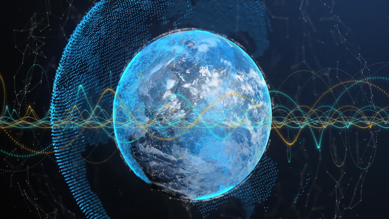 파란색 배경에 대한 회전하는 지구상에서 데이터 처리 및 연결 네트워크의 애니메이션