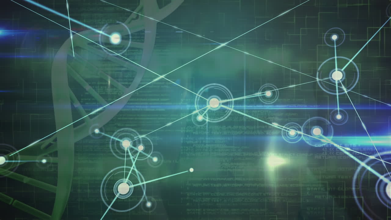 video compuesto de la estructura del adn y la red informática con el hombre haciendo ejercicio en el fondo
