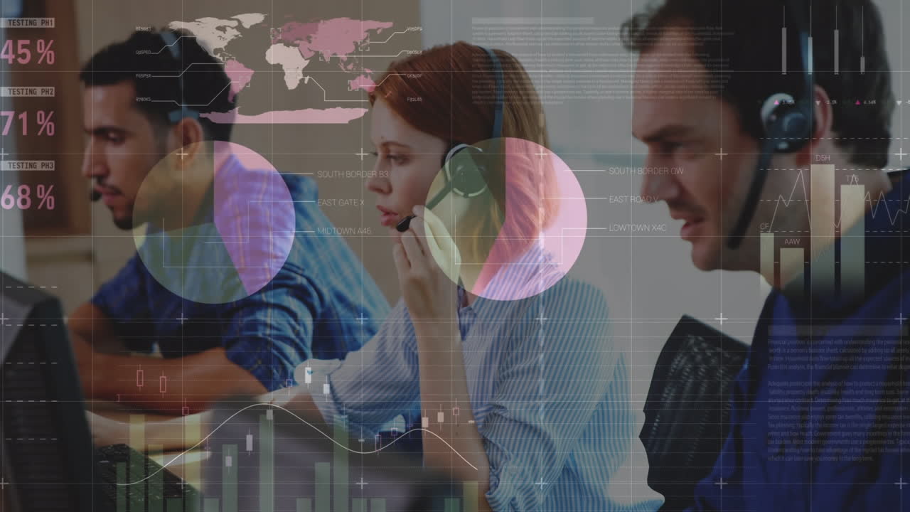 animación de estadísticas y procesamiento de datos sobre personas de negocios que llevan auriculares de teléfono
