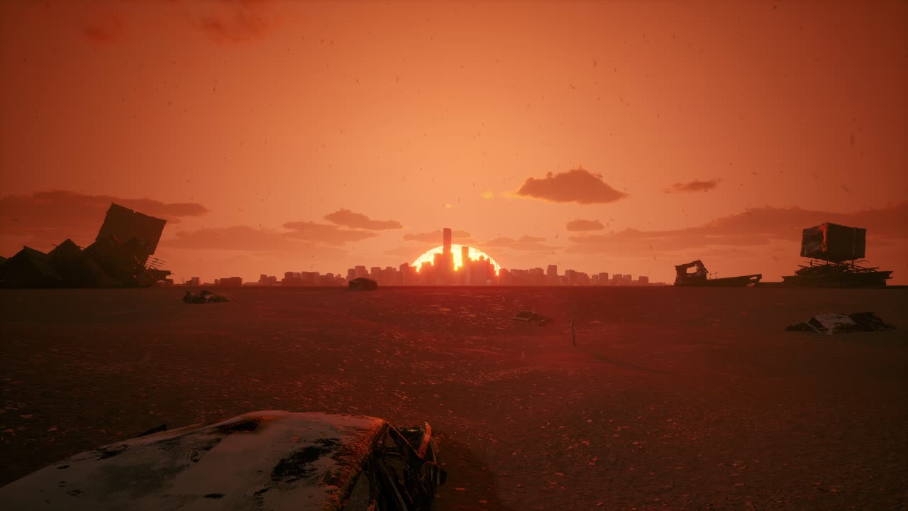 Tramonto post-apocalittico su una città deserta.