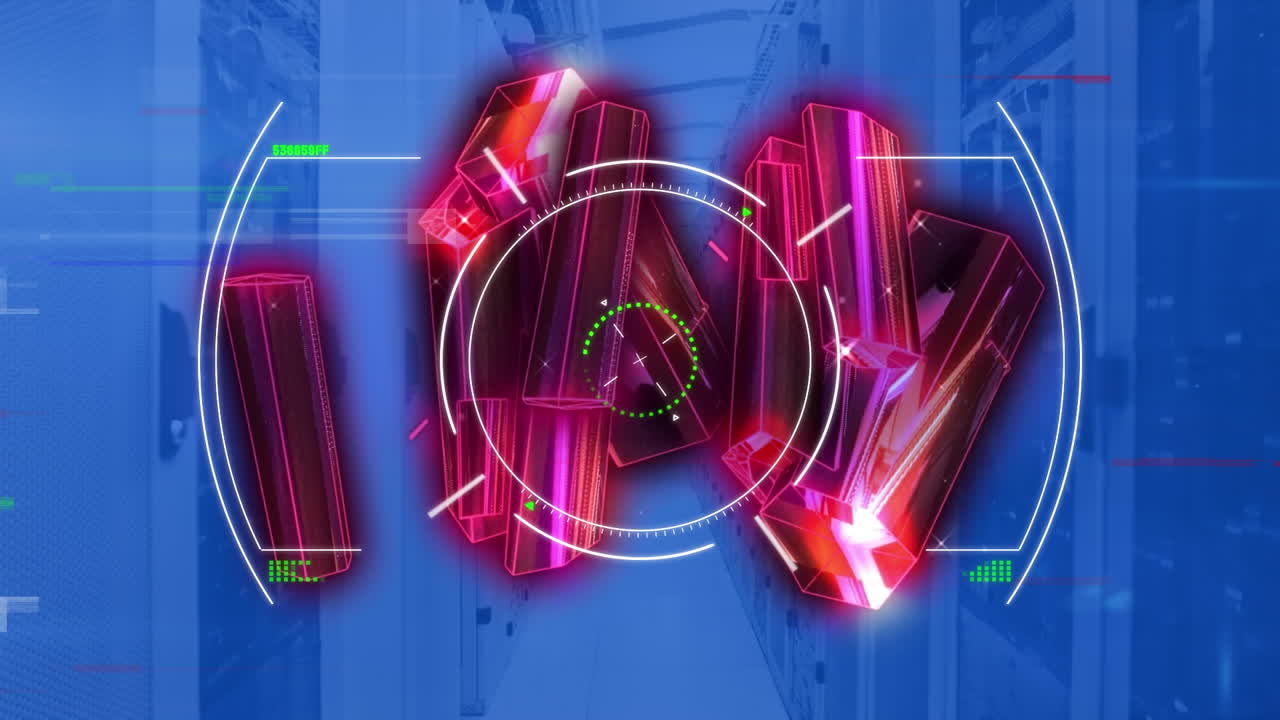 animación de la exploración del alcance sobre formas de cristal rosado contra la sala de servidores de computadora