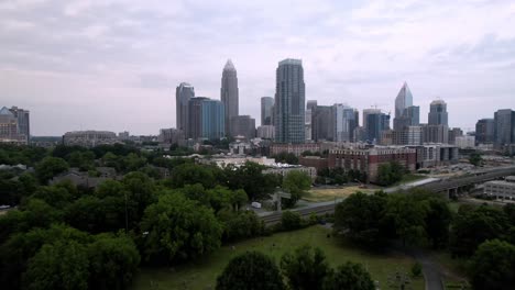 charlotte skyline aerial rising from the treetops, charlotte nc, charlotte north carolina