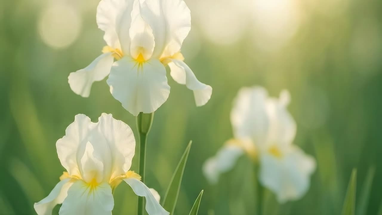 Close-up video of white irises in a sunlit field, captured from a low angle, evoking serenity