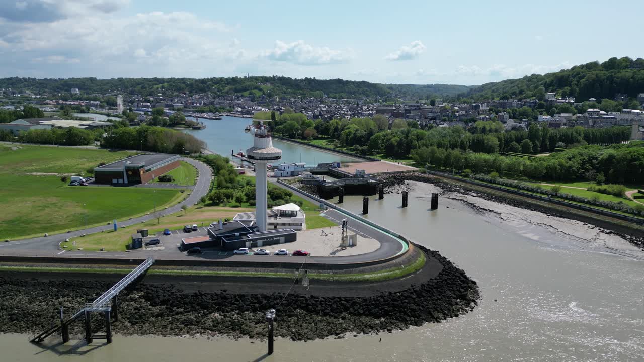 France, Calvados, Seine estuary, Pays d'Auge, Honfleur, radar tower Panning drone,aerial