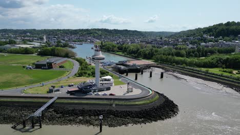 France,-Calvados,-Seine-estuary,-Pays-d'Auge,-Honfleur,-radar-tower-Panning-drone,aerial