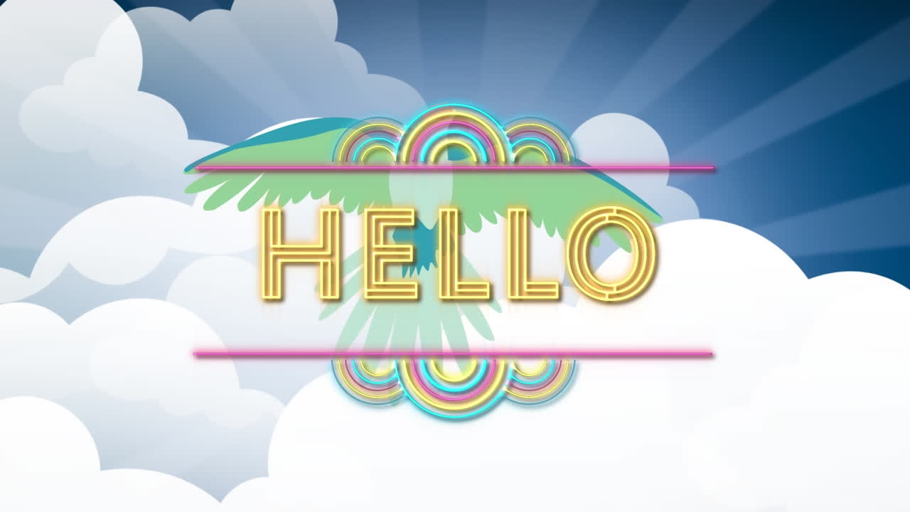 Animation of hello text over parrot and sky with clouds