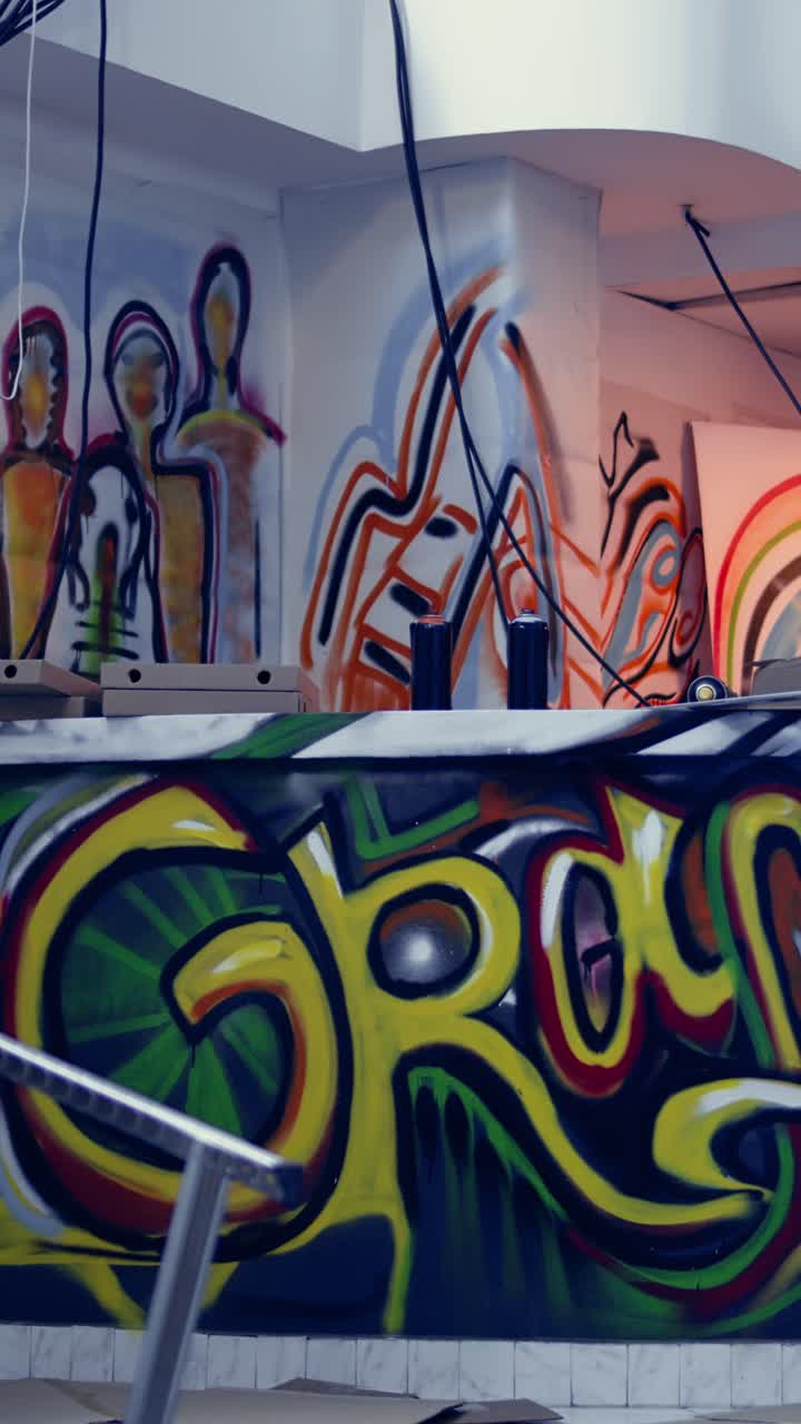Video verticale. Edificio abbandonato vuoto con graffiti creativi e street art sui muri