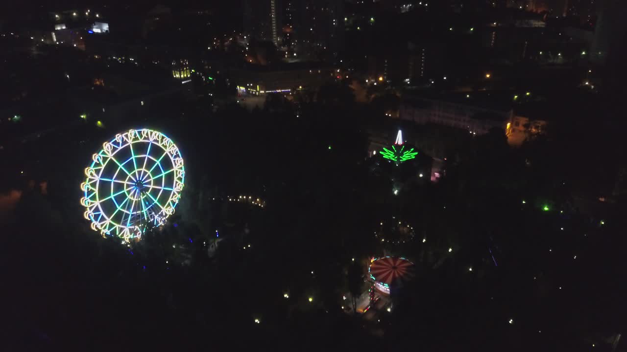 vista aérea del parque nocturno de la ciudad con la rueda de ferris iluminada