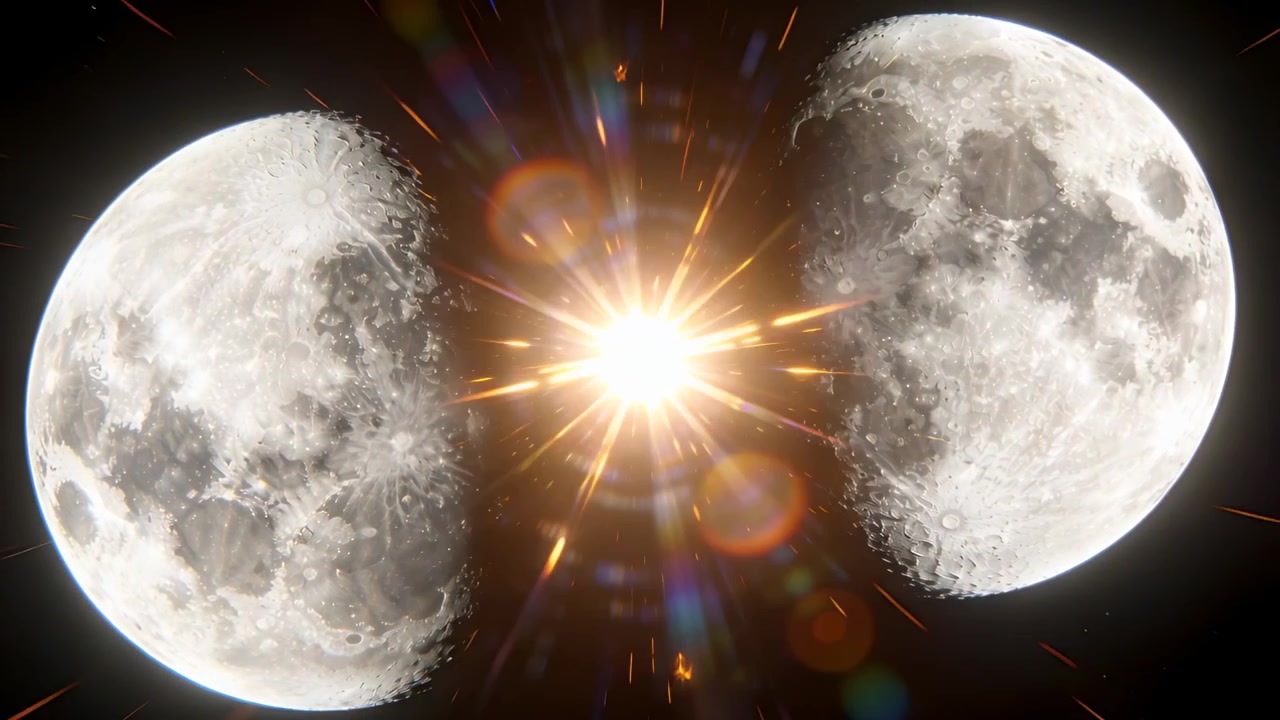 Bright point emerging at center, sending gold streaks, sparks, lens rings, lighting cratered moons