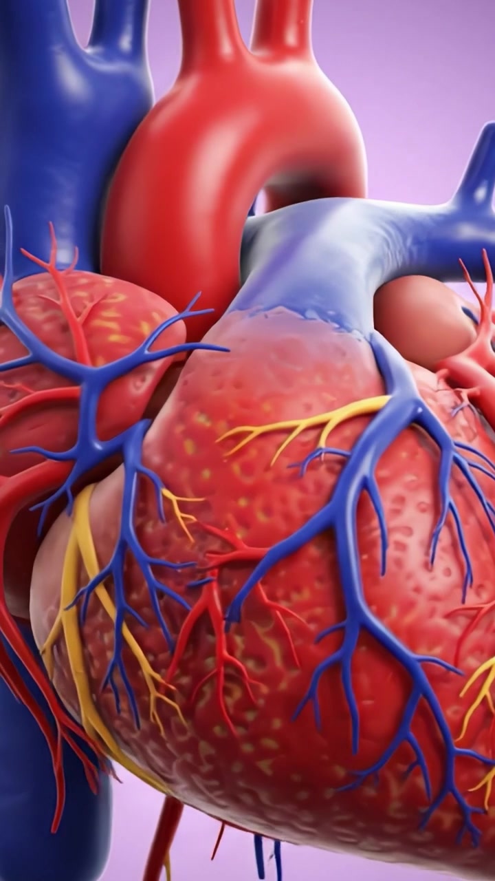 Struttura anatomica dettagliata del cuore con rete vascolare, presentata in straordinaria grafica 3D che evidenzia vasi sanguigni e camere cardiache.