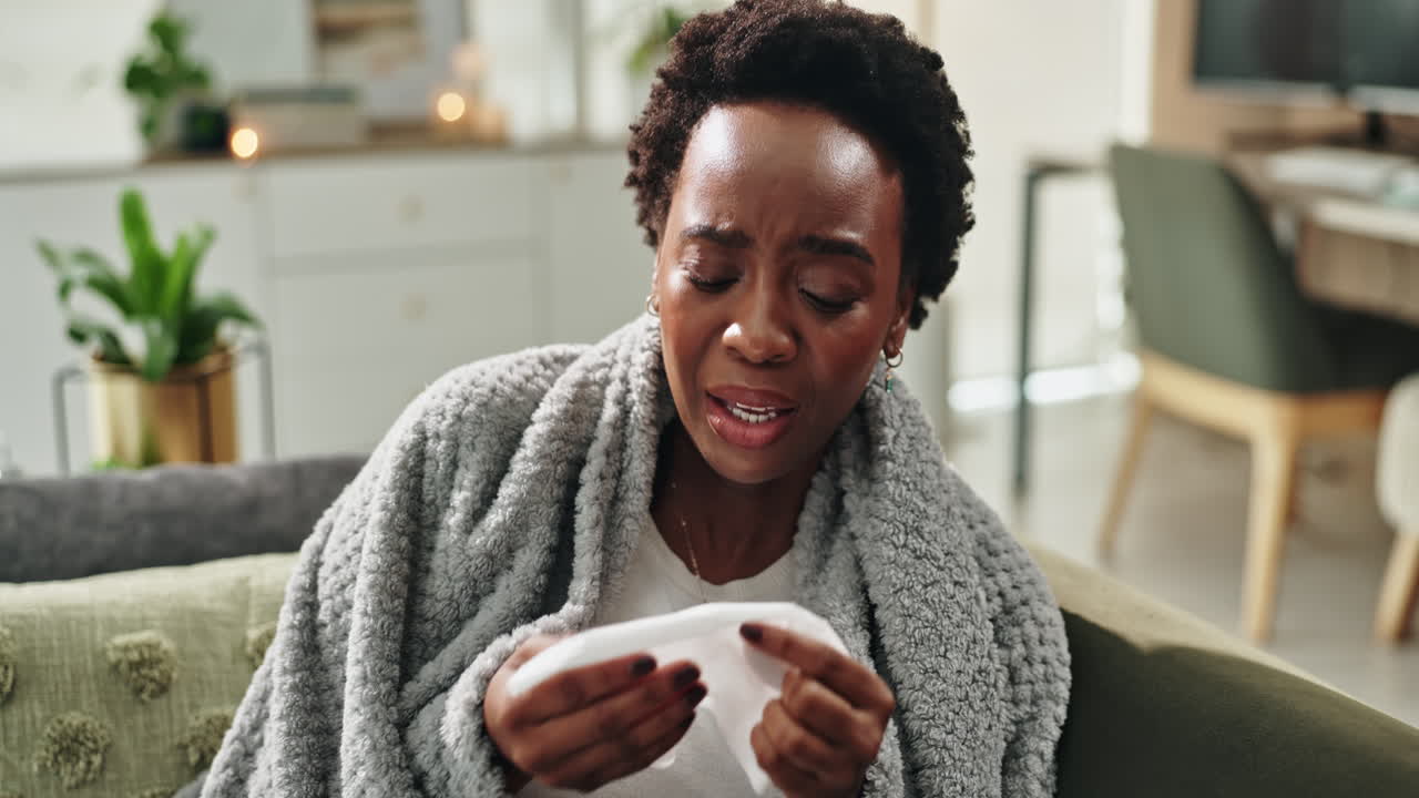 Woman with a cold blowing her nose