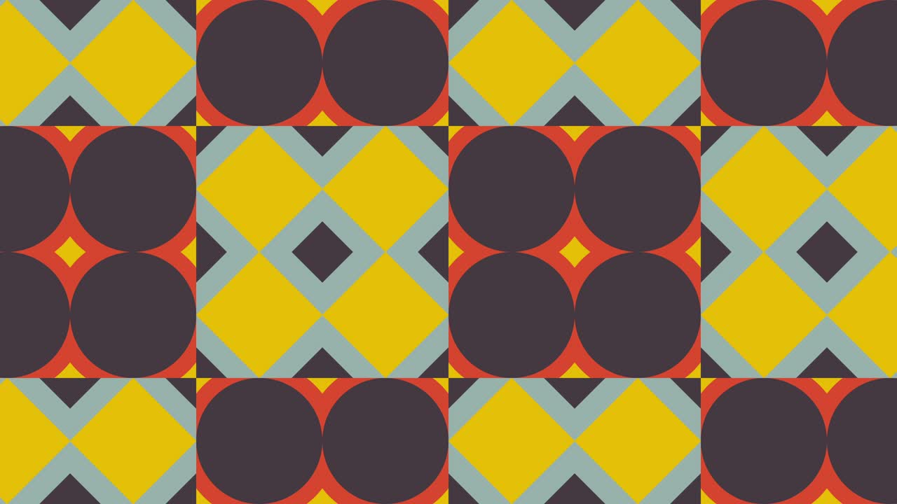 Vintage mosaic with geometric animated tiles in warm color palette. Motion graphic seamless loop animation in retro flat style