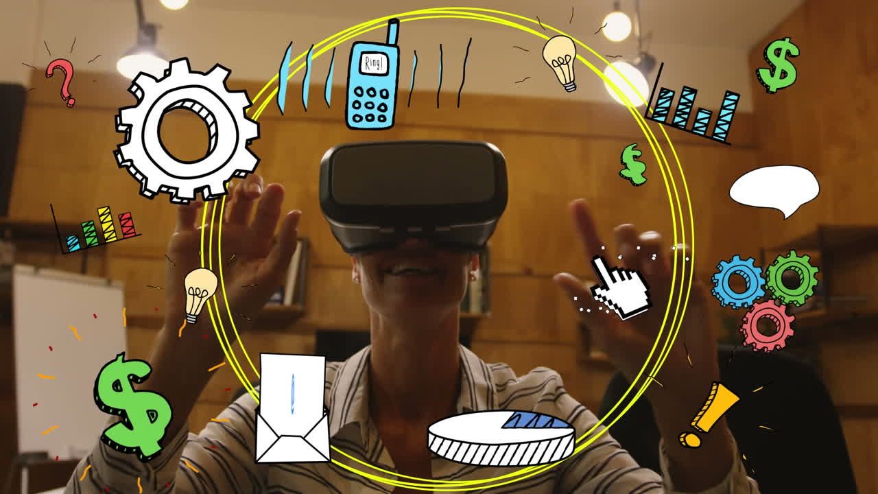 Animation of globe with network of connections of icons over businesswoman wearing vr headset