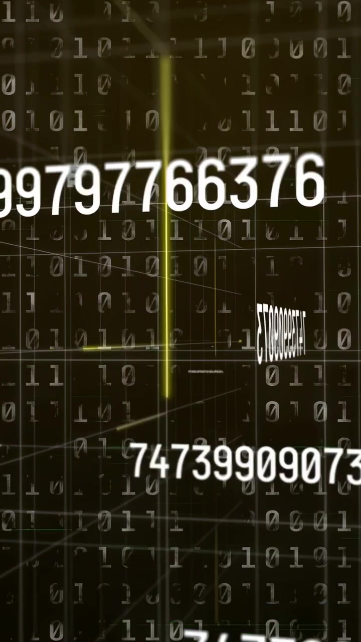 Vertical video: On input, white numeric string drifting, scaling across binary grid showing depth