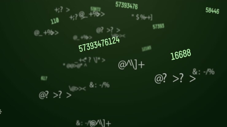 Digital animation of multiple changing numbers and symbols against green background