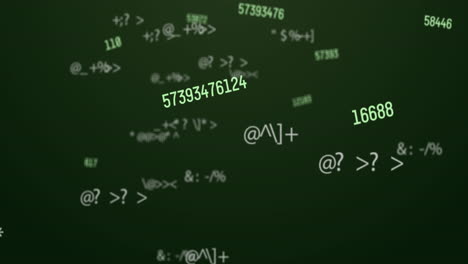animación digital de múltiples números y símbolos cambiantes contra un fondo verde