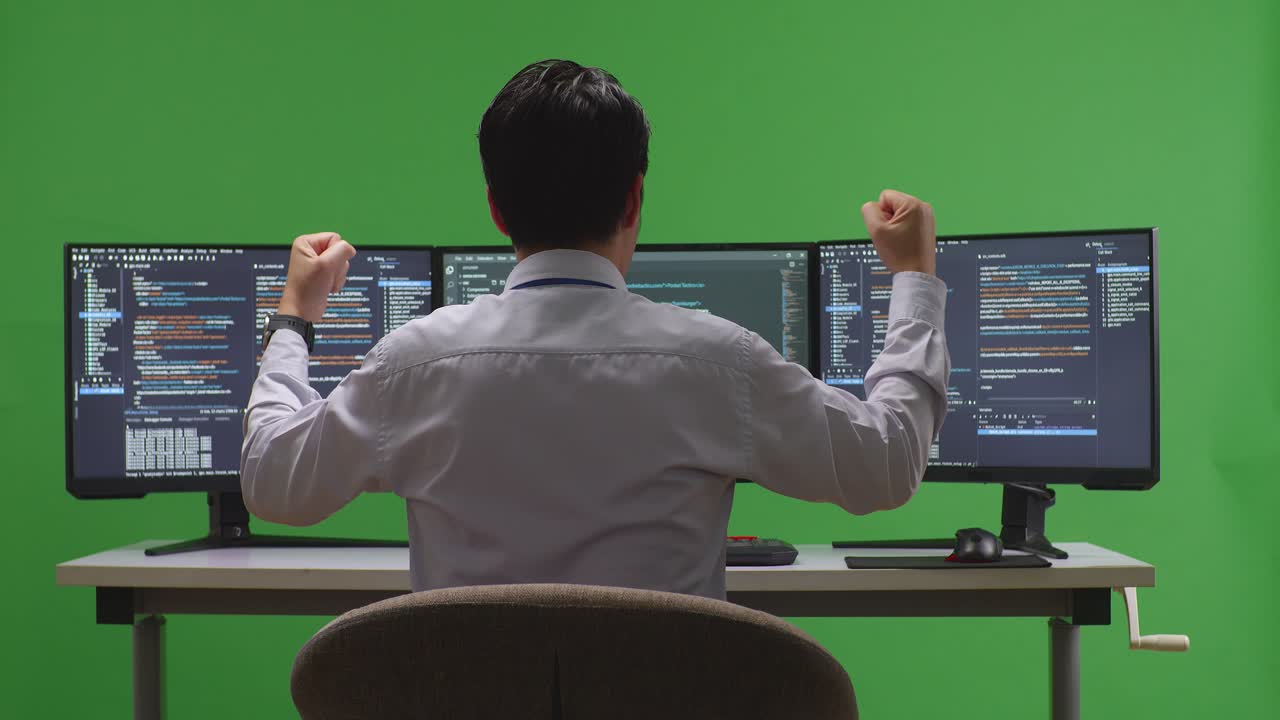 성공적인 코딩 프로젝트를 축하하는 프로그래머