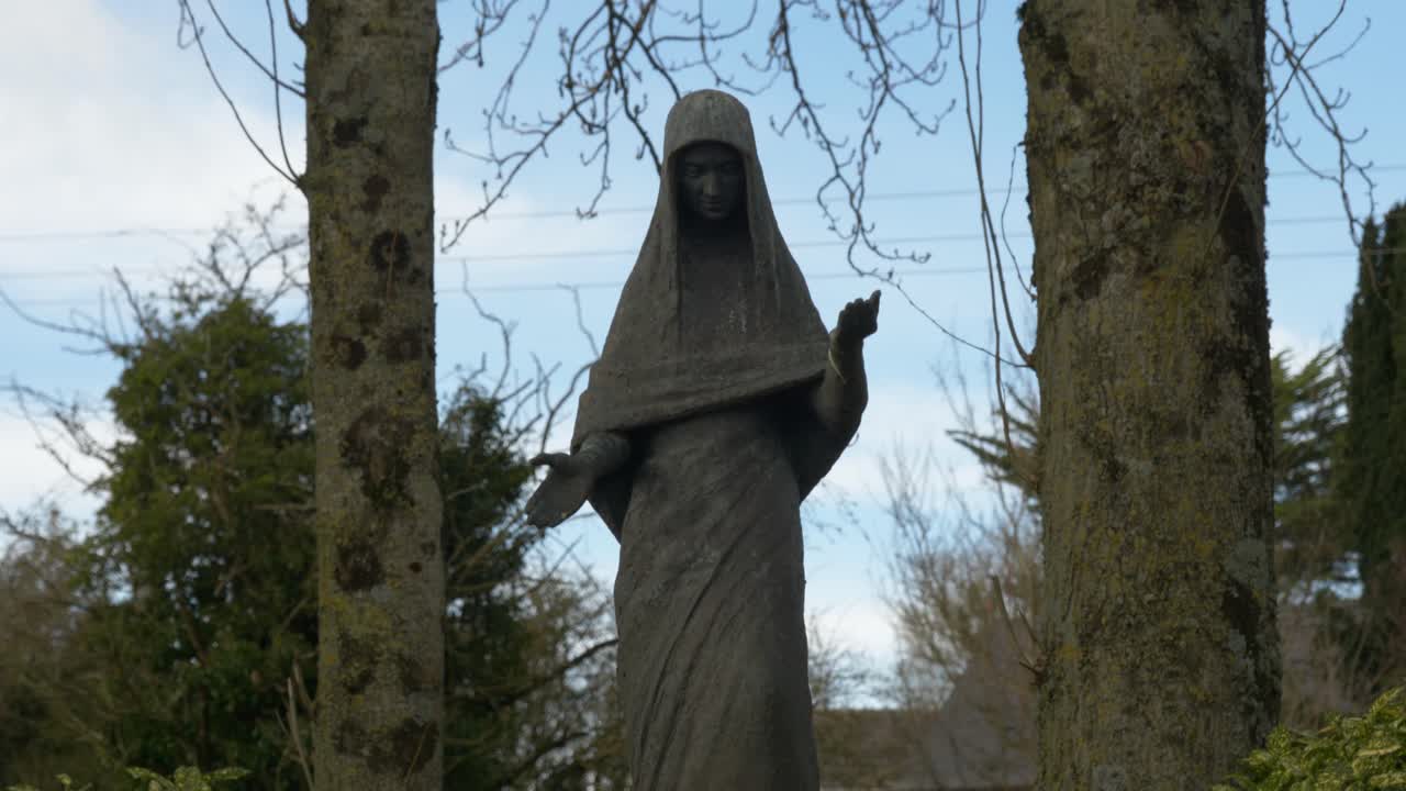estatua de nuestra señora de trim entre los árboles, cementerio de maudlin, irlanda, bajo la luz del día