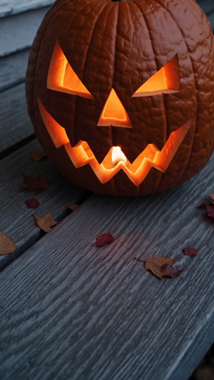 Primo piano di una zucca intagliata con una candela all'interno, ripresa dall'alto