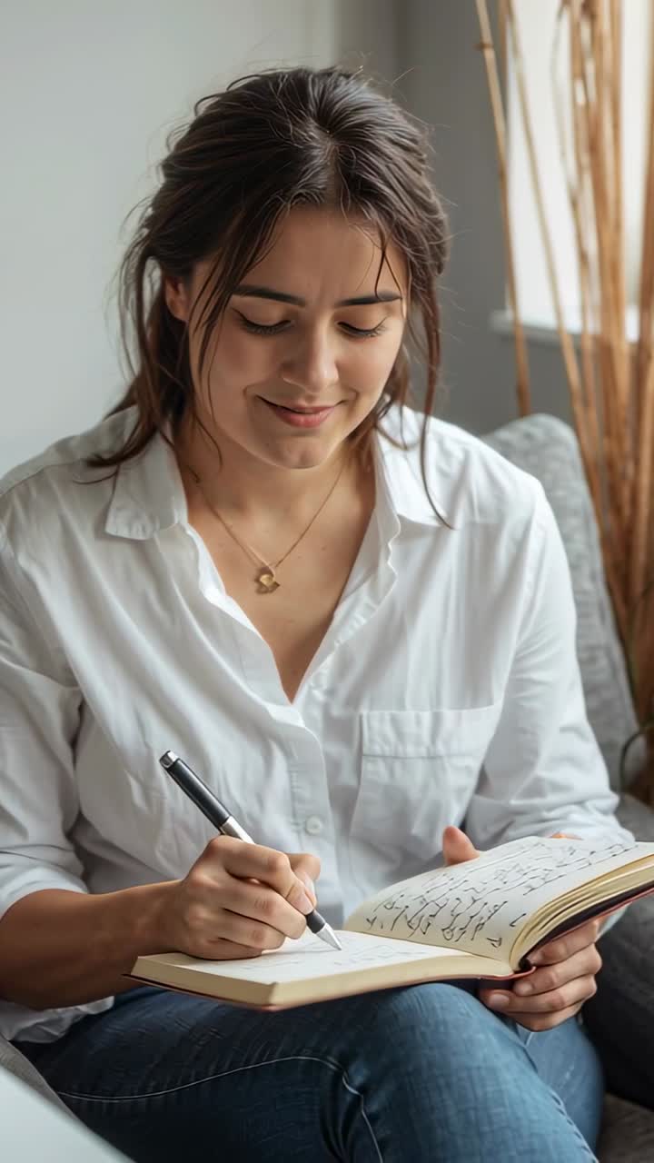Donna seduta che guarda in basso e poi scrive su un diario, con la penna in movimento, annotando idee in una luce soffusa.