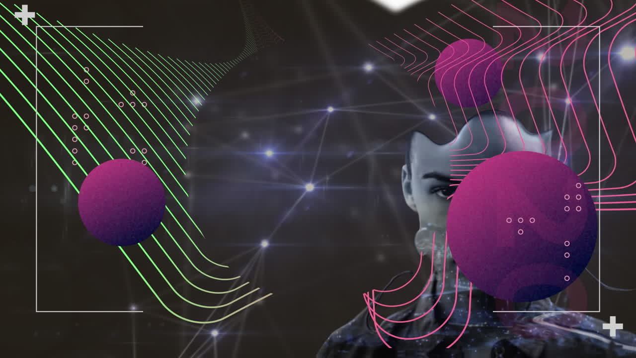 formas abstractas coloridas sobre una red brillante de conexiones contra el efecto líquido sobre la mujer