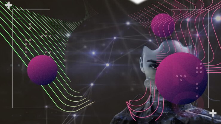 Colorful abstract shapes over glowing networking of connections against liquid effect over woman
