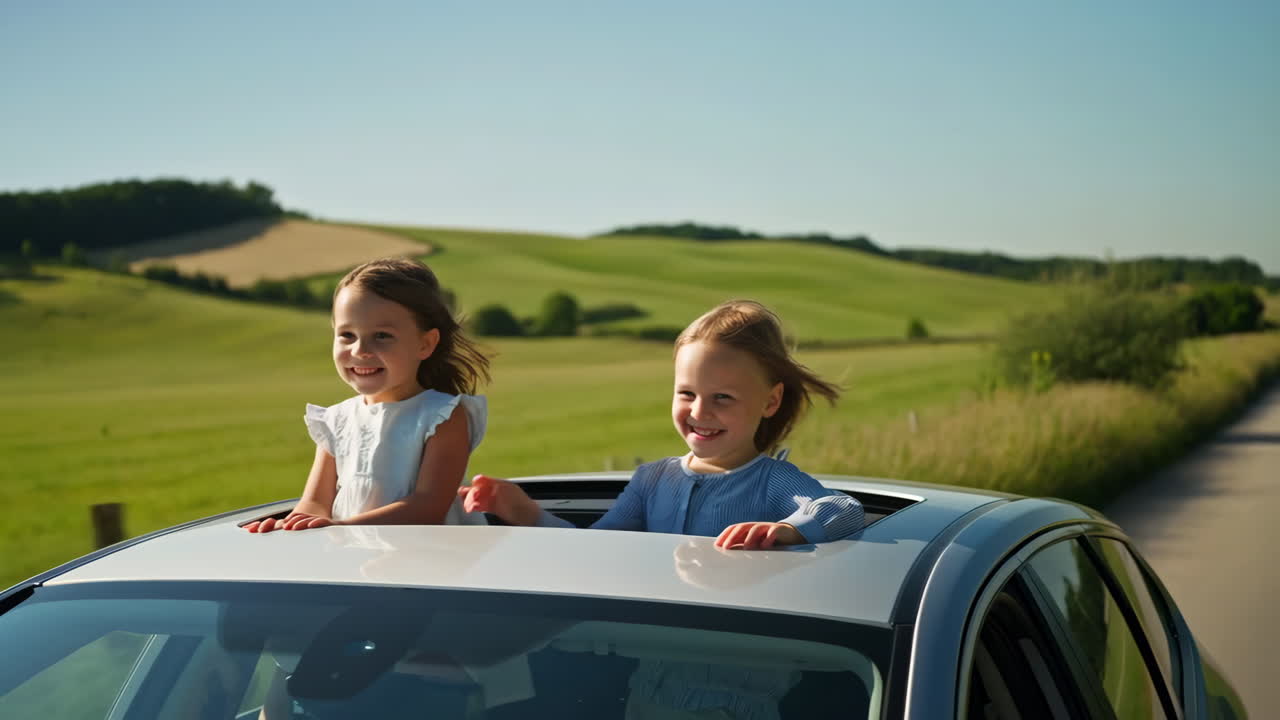 Ragazze Felici Che Si Godono un Viaggio Panoramico in Auto dal Tettuccio Apribile