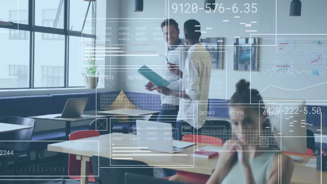 Animation of financial data processing over diverse business people in office