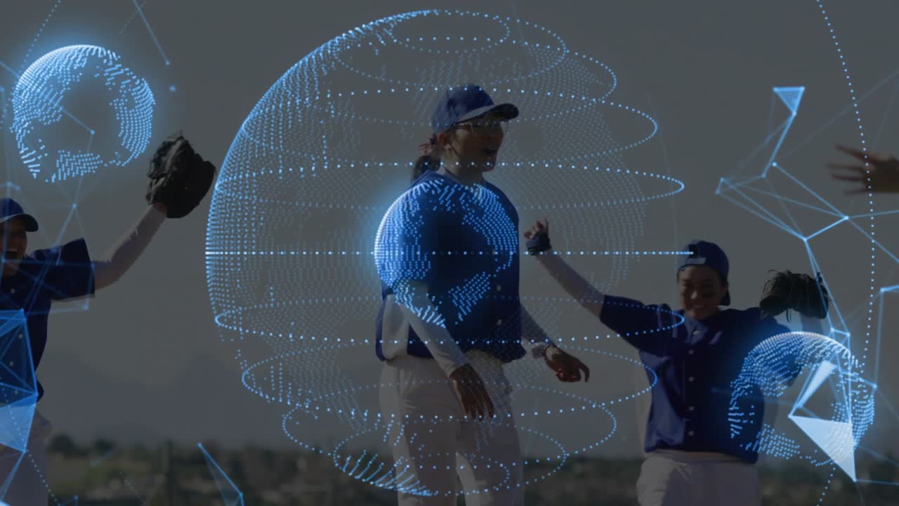 Baseball player raising arms in dotted globe, teammates running celebrating play under rotating orb