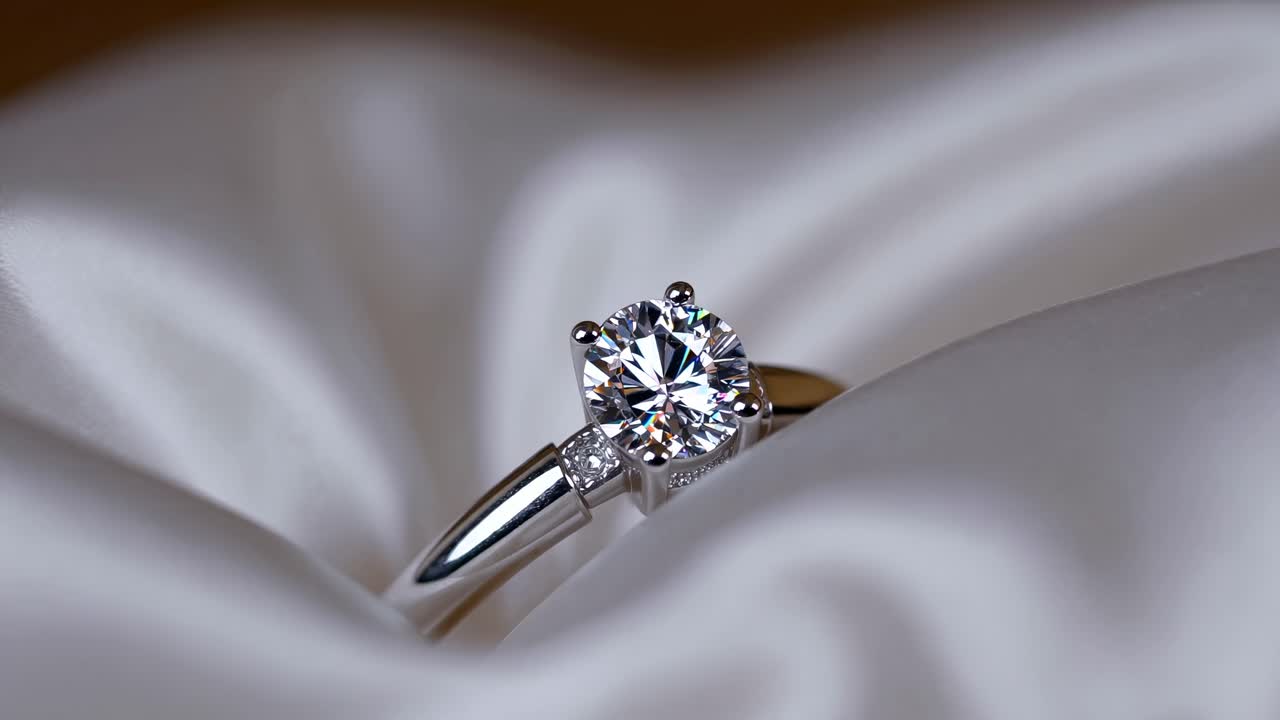 Video ravvicinato di un anello di diamanti su un tessuto setoso, che mette in mostra eleganza e lusso da un angolo inferiore