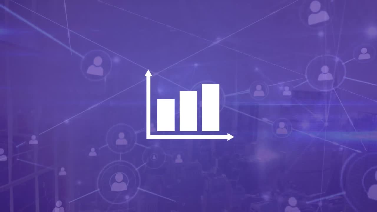 animación de la red de conexiones con iconos y procesamiento de datos sobre fondo azul