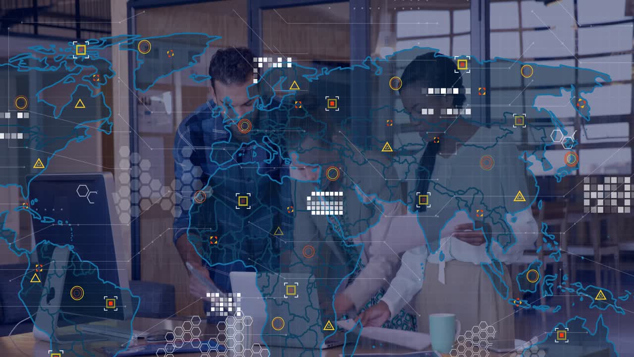 Business team leaning around laptop, generating global map overlay covering devices, analyzing risk