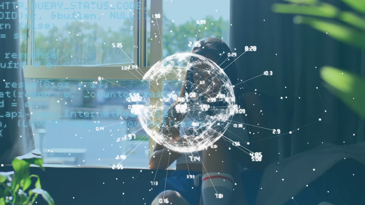 스마트폰을 사용하는 백인 여성에 대한 지구의 애니메이션과 데이터 처리