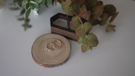 wedding rings placed on a wooden slice, next to a rustic box and greenery