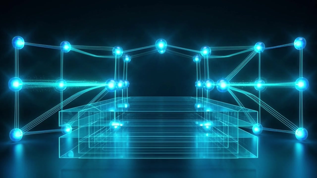 Abstract Digital Platform with Glowing Blue Nodes and Connecting Lines
