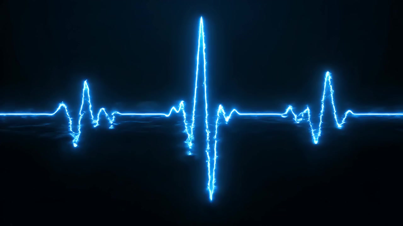 Glødende blå EKG-kurve på mørk baggrund