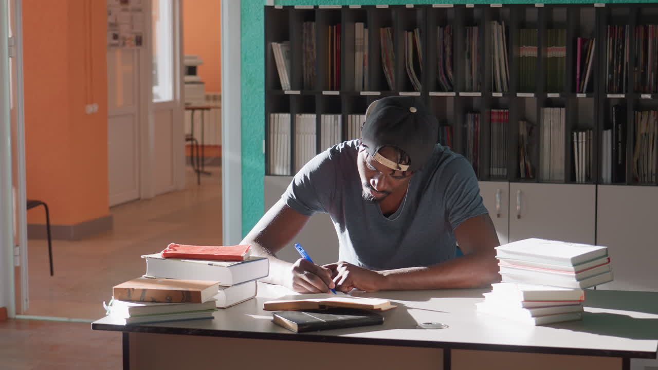 Young man in cap writes notes during study session in library, seated at desk between tall stacks of books, focused under sunlit window, shelves behind, organized materials spread for research