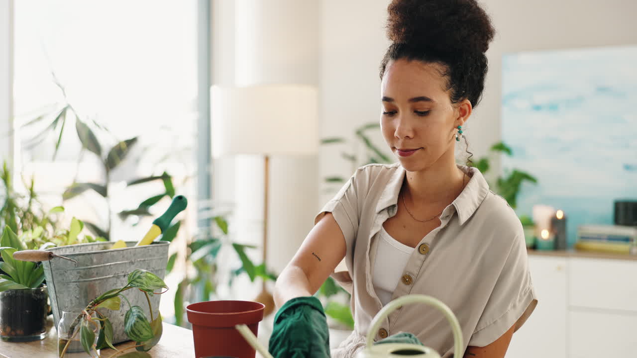 한 여자 가 실내 식물 을 재배치 하고 있다
