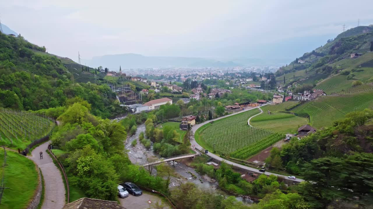 Aerial view of scenic Roncolo Castle valley landscape in South Tyrol