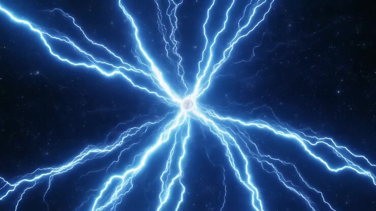 Fulmini elettrici luminosi che si irradiano da un punto centrale