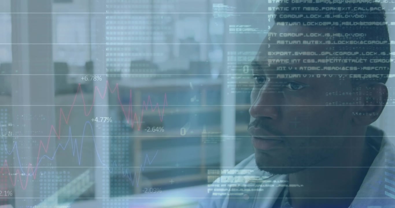 Animation af finansiel databehandling over forretningsmand på kontor