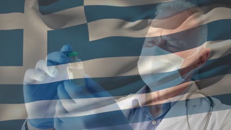 Animation-of-flag-of-greece-waving-over-doctor-wearing-face-mask-and-holding-vaccine