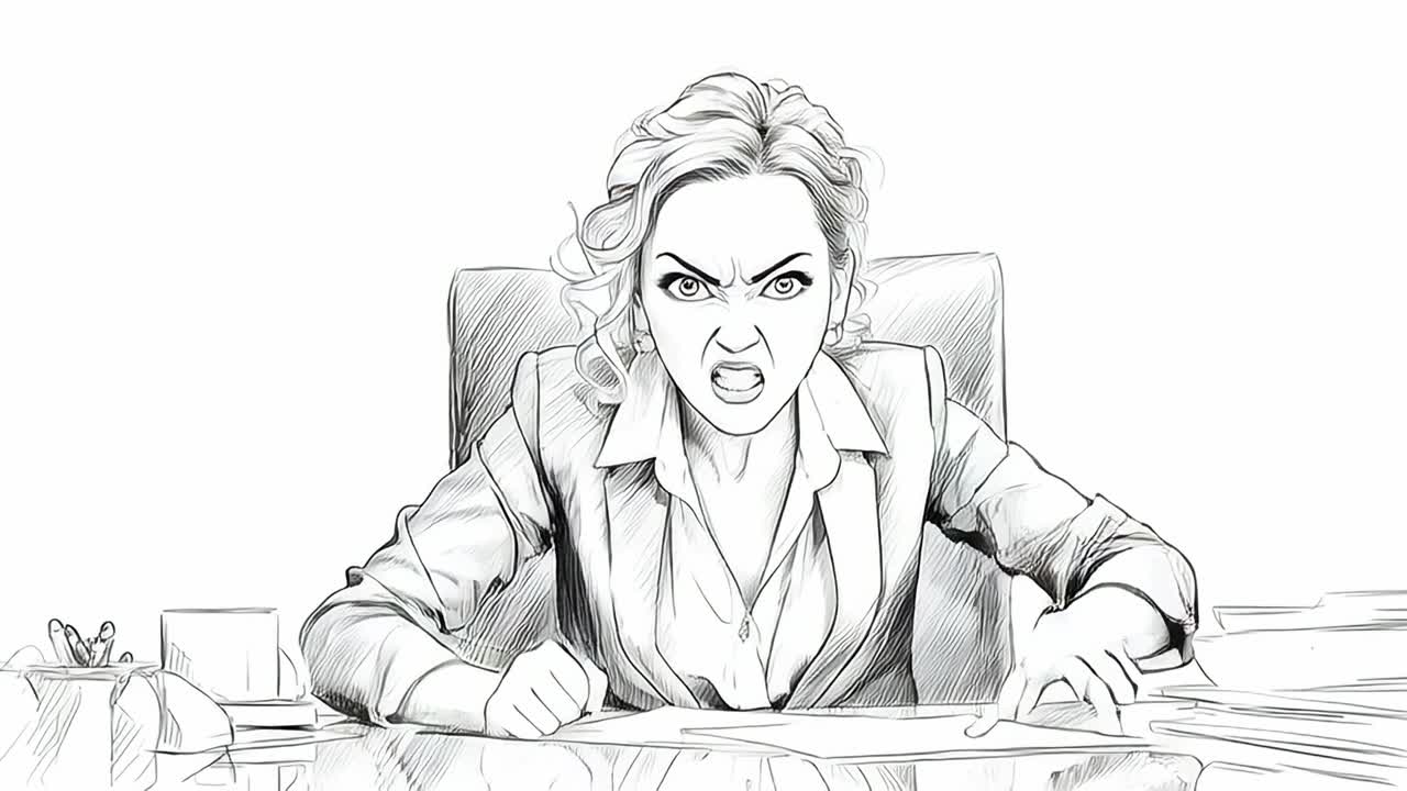 Angry Boss Woman at Desk Sketch