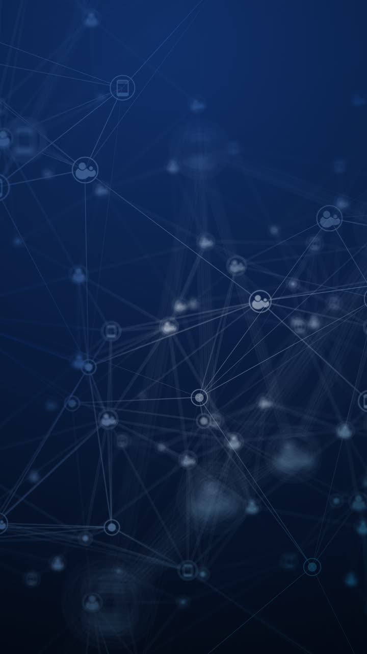 Chaotic movement of icons of Internet users and gadgets connected by lines on blurred blue background. Looped animation. Social network connections. Vertical video.