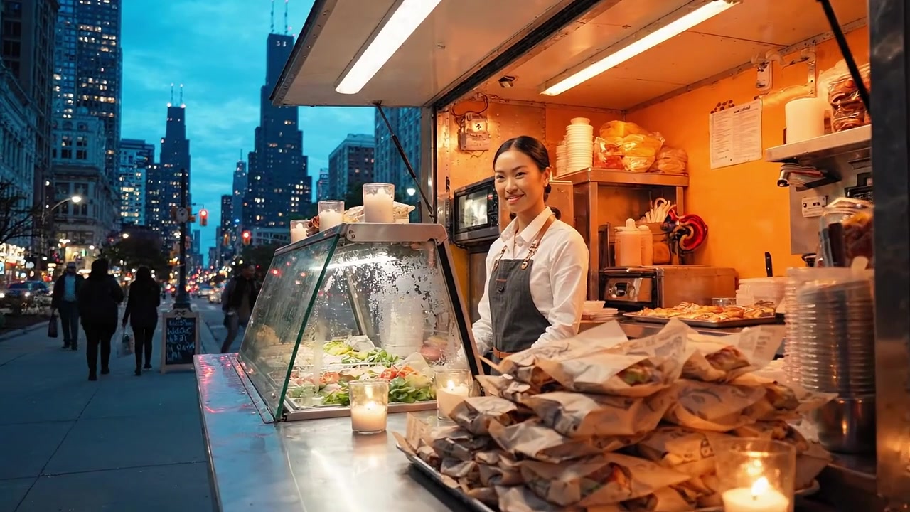 賑やかな都市の風景の中で夕暮れ時、屋台の料理人が新鮮な料理を準備し、都市生活の中で鮮やかな風味と料理の芸術性を披露する。