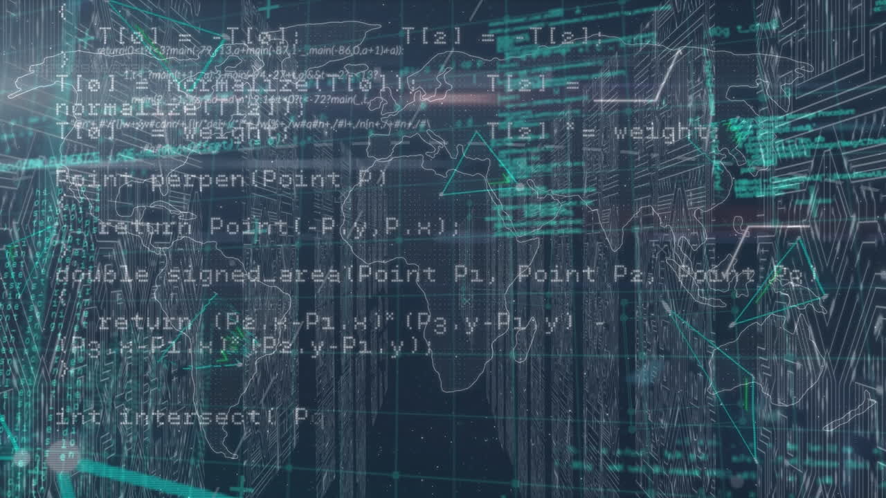 Animation of world map and data processing over server room