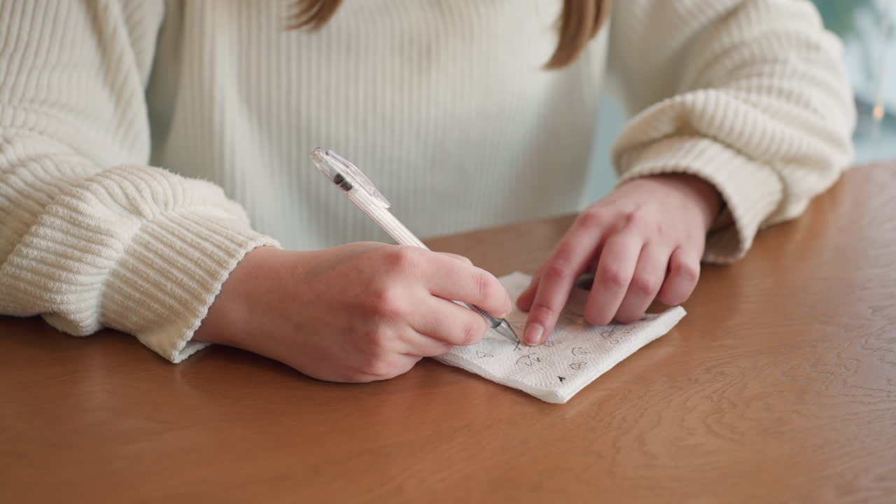 Close up of young lady in white ribbed sweater sketching casually on tissue paper using pen, seated at cozy wooden table by window with soft natural light and blurred city view in background