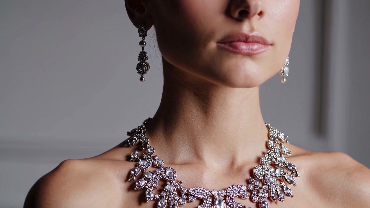 Primo piano di una donna che indossa un'elegante collana e orecchini di diamanti