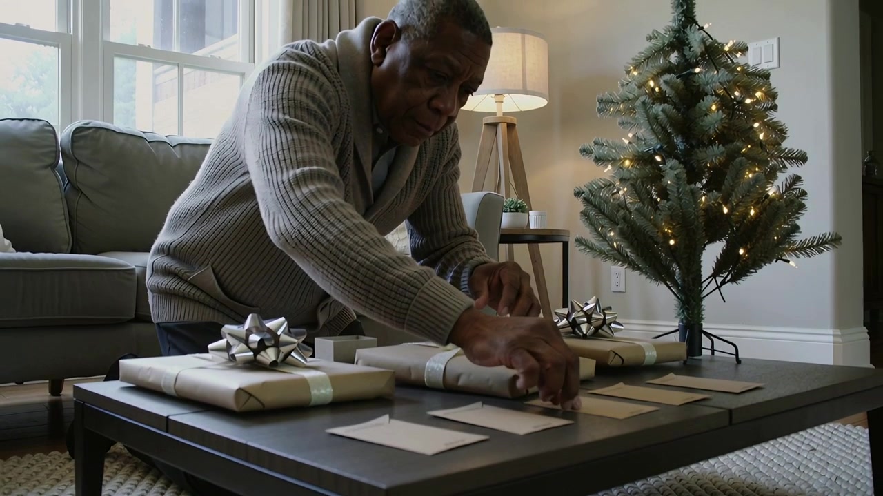 Picking card, man wearing gray cardigan arranging cards, tying ribbon on gifts at home for holidays