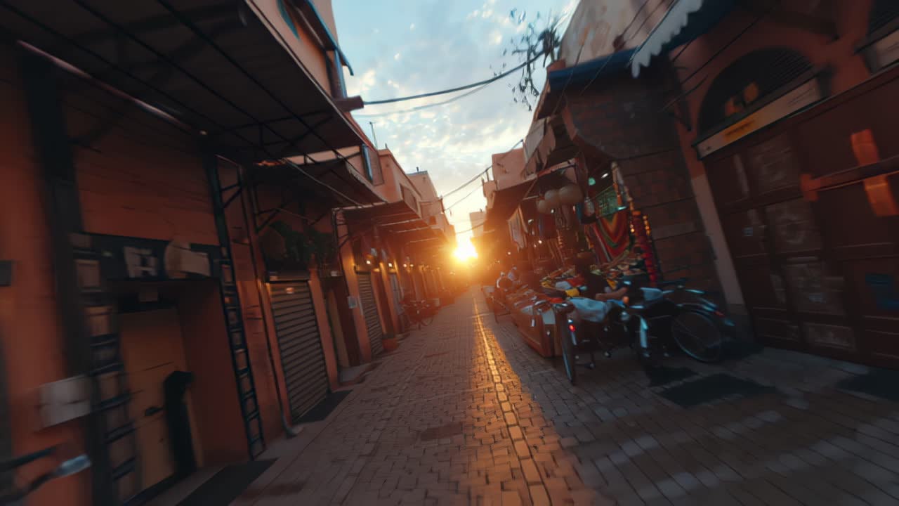 Forward moving view down a narrow market street at sunset, warm golden light and long shadows, small shops and parked bicycles creating a travel atmosphere